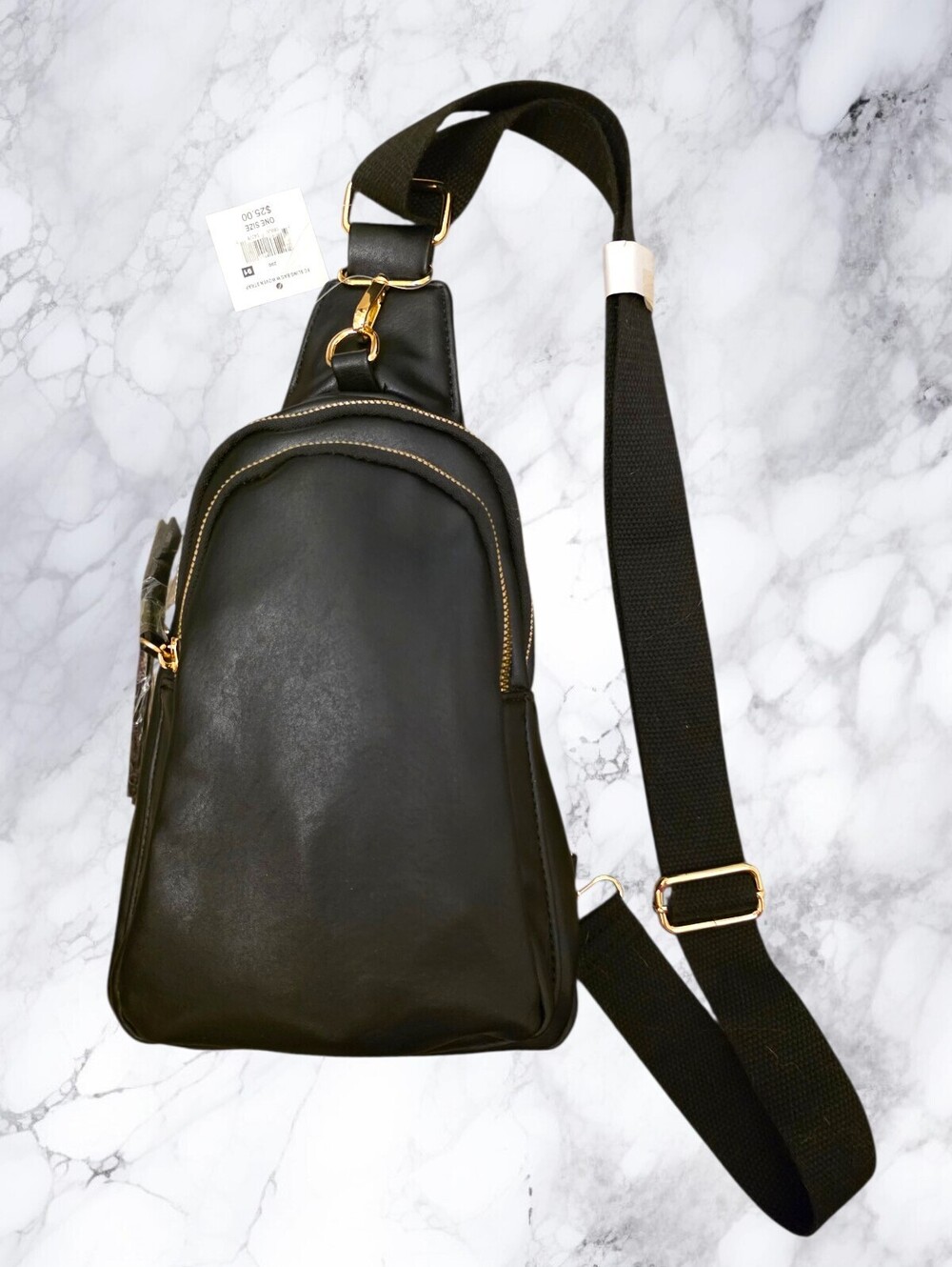Falls Creek NWT Black Sling Backpack Crossbody Chest Bag Gold Zip Travel Purse